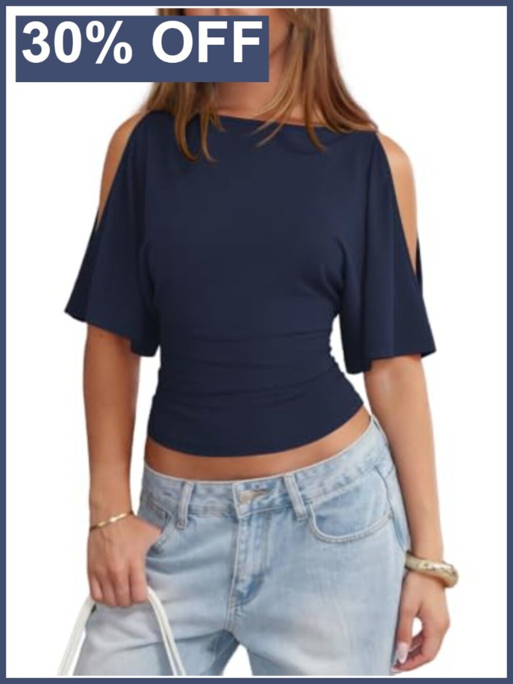 Women's Boat Neck Cold Shoulder Cinched Waist Ruched Top Batwing Sleeve